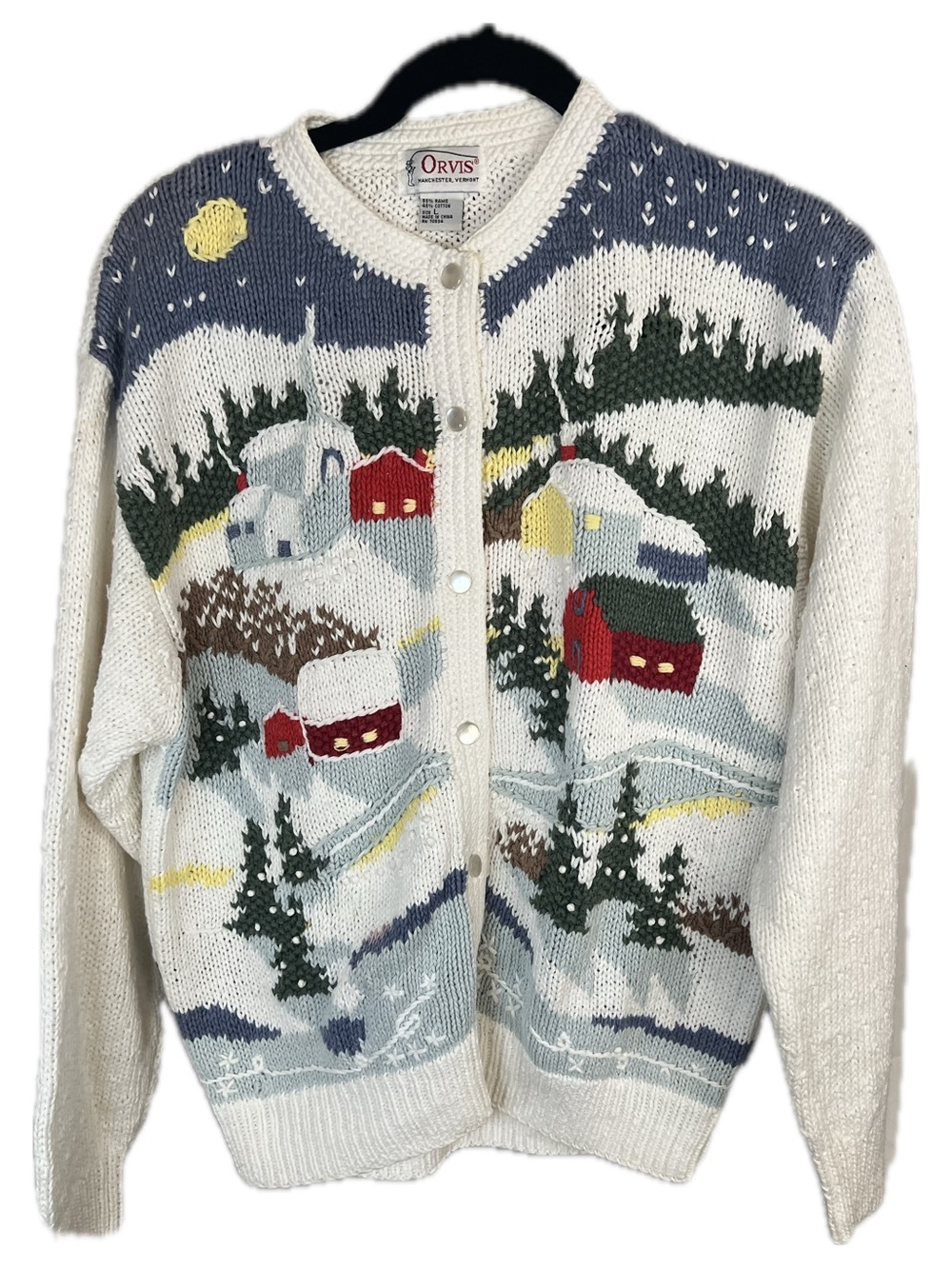 Orvis Vintage White/Multi Winter Village Intarsia Hand Knit Cardigan